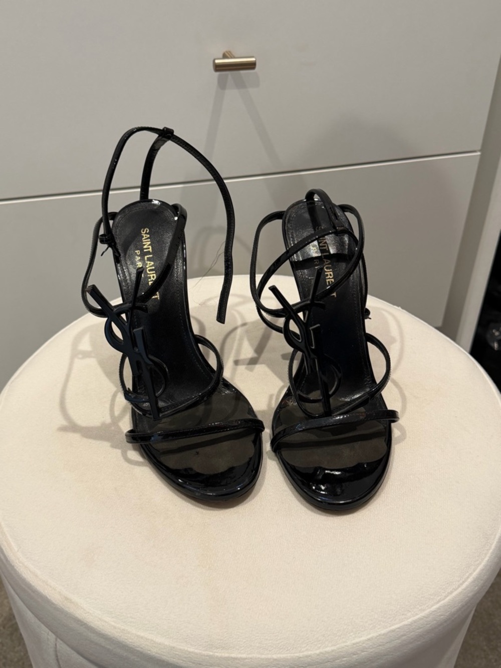 Saint Laurent Black Patent Leather YSL Logo Strappy Heels